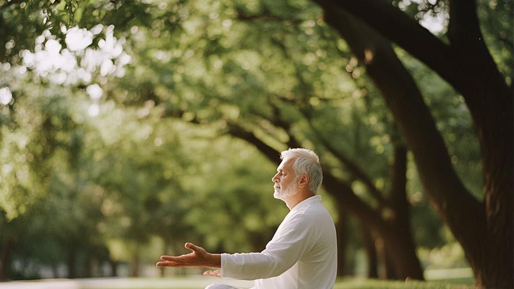 An older man with gray hair and a white shirt sits with his eyes closed and hands open in prayer or meditation in a park setting. Sunlight streams through the trees above him.
