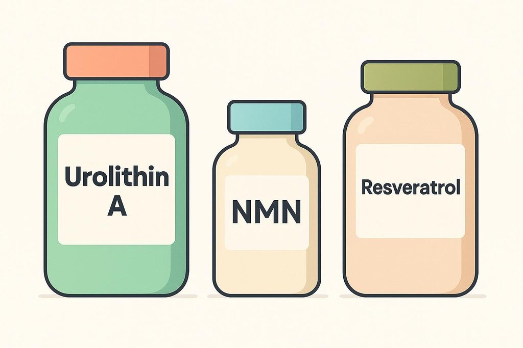 Illustration showing three supplement bottles labeled Urolithin A, NMN, and Resveratrol.