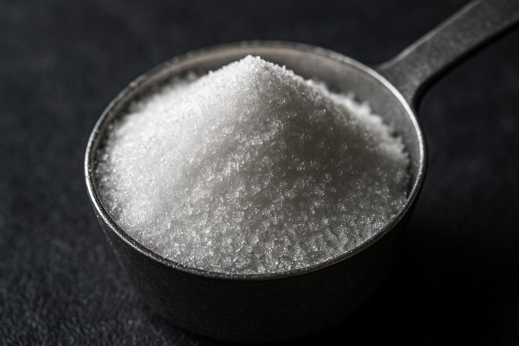 A macro photo of white creatine monohydrate powder in a scoop, highlighting its crystalline texture.