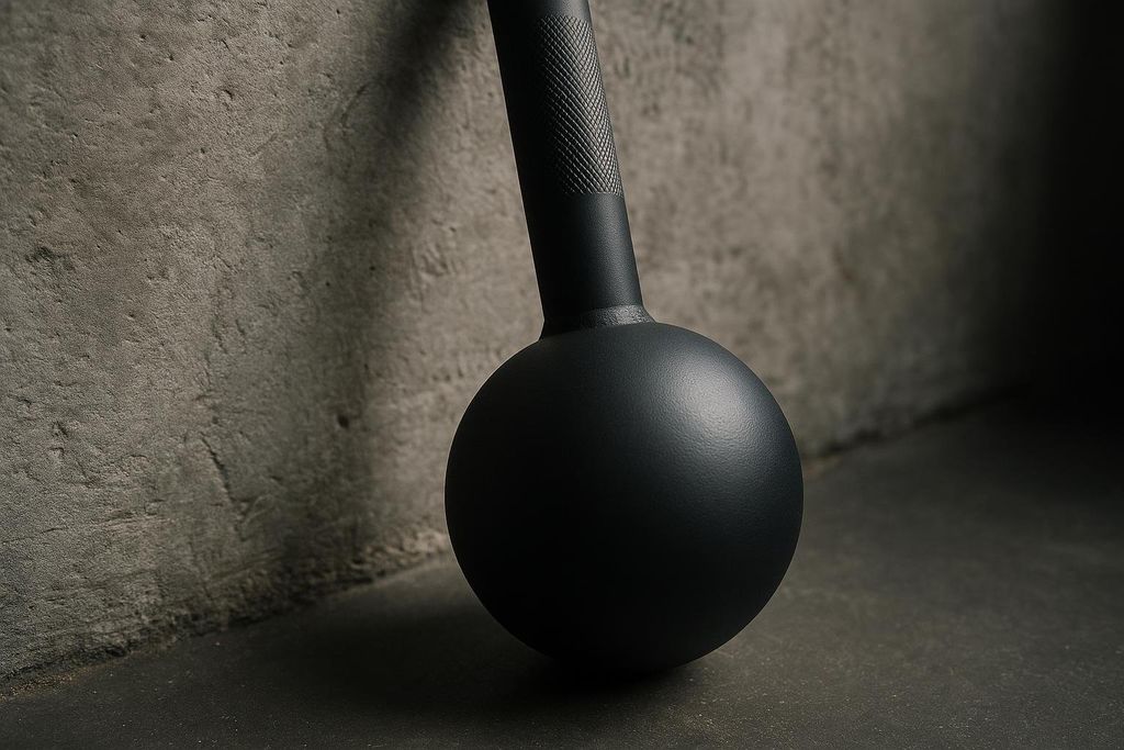 A close-up view of a black, light steel mace resting against a concrete wall. The spherical head of the mace is visible, along with part of its textured handle.