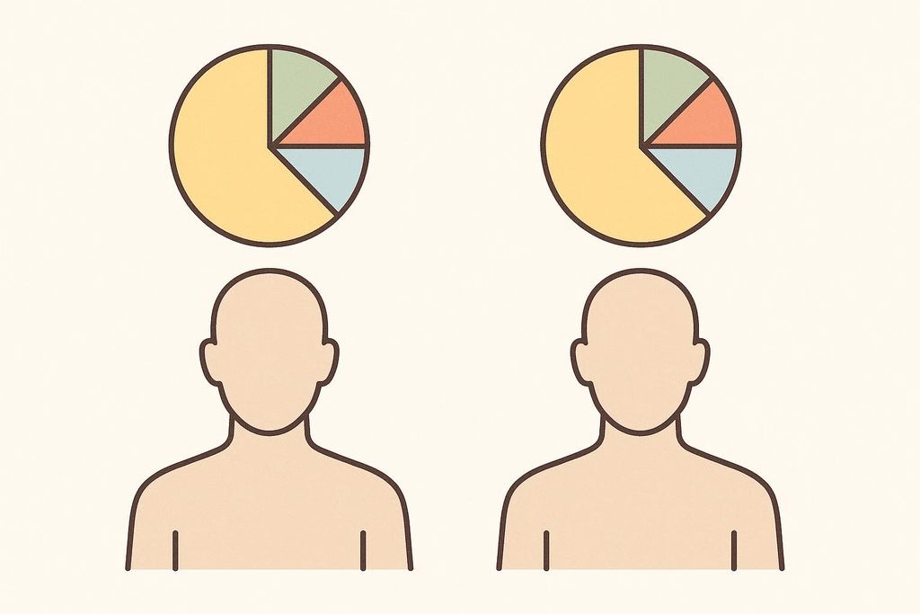 An illustration showing two identical human torsos with heads (without facial features), each paired with a pie chart above them. The pie charts are nearly identical, with a large yellow section and smaller green, orange, and light blue sections.