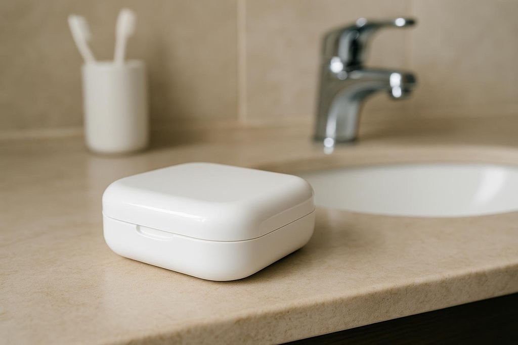 A sleek, white case for a dental oral appliance rests on a light brown bathroom counter. In the blurred background, a white cup with toothbrushes and a chrome faucet and sink are visible.