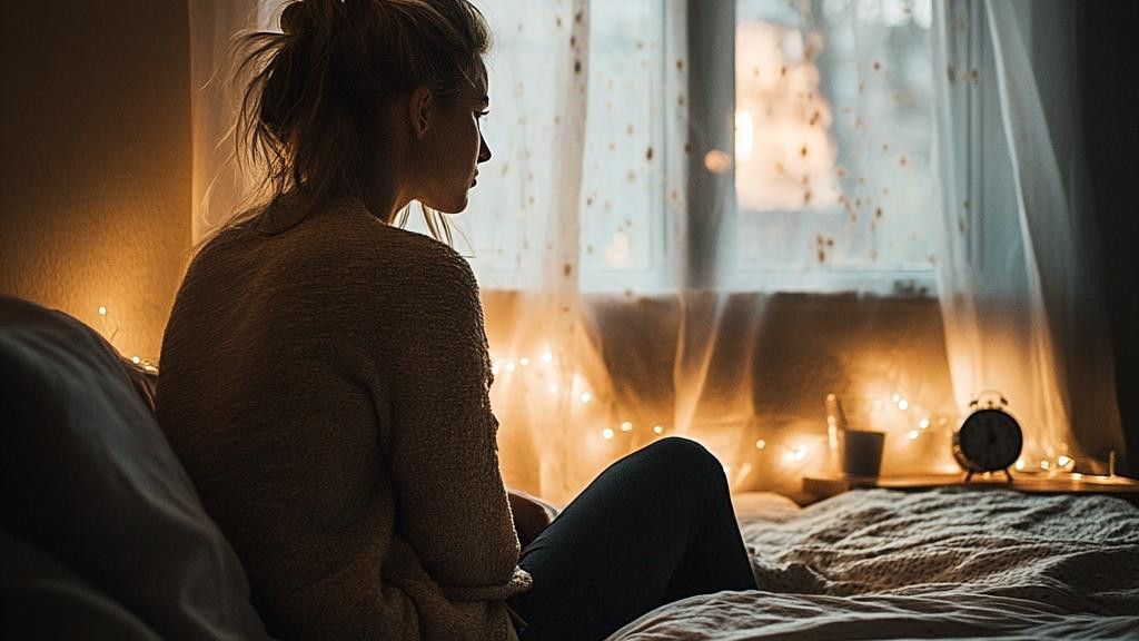 A young woman with her hair in a bun sits on a bed facing right, looking out a window covered with a sheer curtain. String lights illuminate the wall behind her and the window area. A tea cup and a small alarm clock are on a tray near the window.