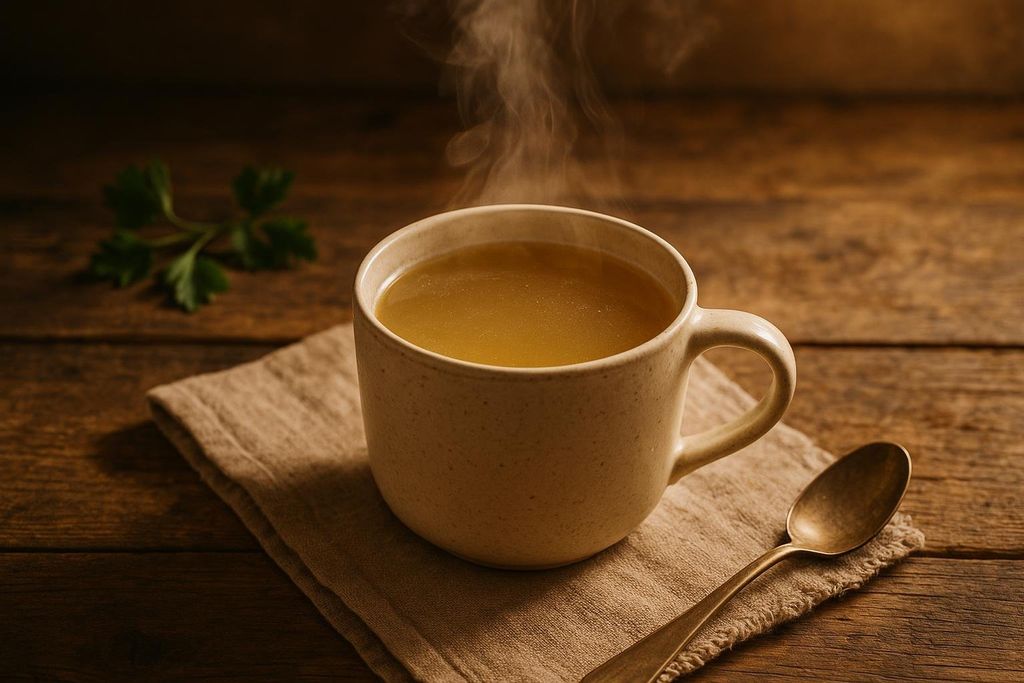Steaming cup of bone broth for breaking a fast