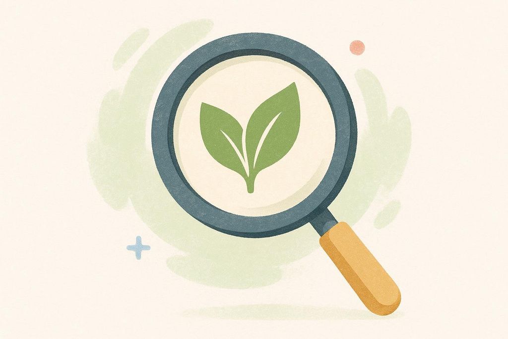 An illustration of a magnifying glass closely examining a stylized green leaf icon, suggesting purity, quality, or natural inspection. The background is a soft yellow with light green abstract shapes and light blue and pink dots.