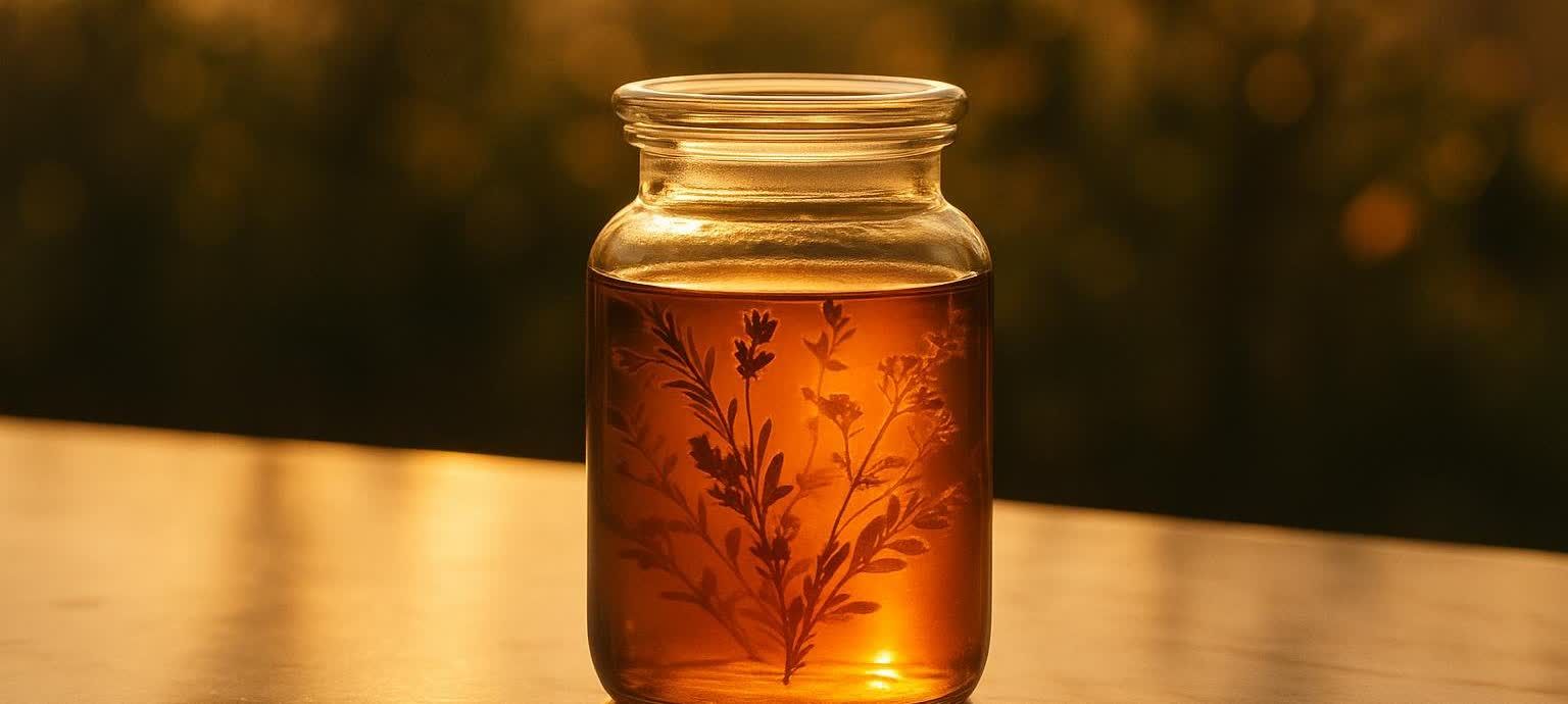 An amber liquid botanical extract in a clear glass jar, backlit by a warm golden light. The jar features an etched or embossed design of floral and leafy stems on its surface. It sits on a light-colored surface, possibly wood, with a dark, out-of-focus background.