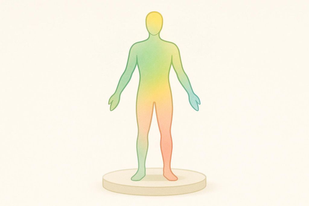 A stylized human silhouette in rainbow colors (yellow, green, orange, red, blue) standing on a circular beige base, representing holistic wellness.