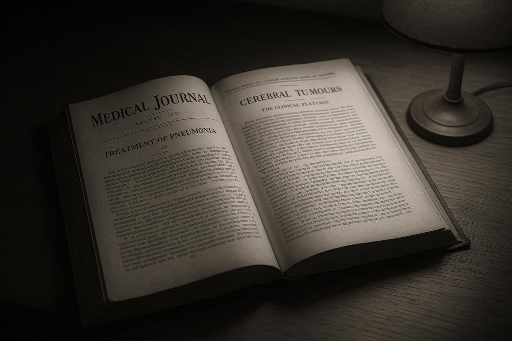 A vintage medical journal from August 1933 open on a desk under dim light. The left page discusses 'Treatment of Pneumonia' and the right page discusses 'Cerebral Tumours: The Clinical Features'.