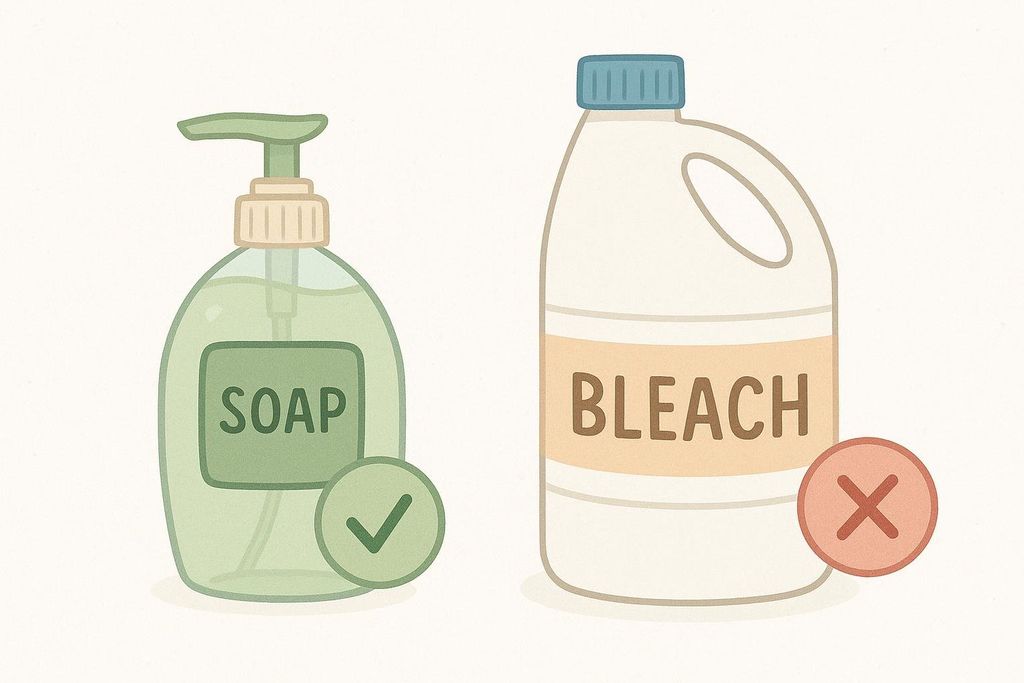 Illustration showing gentle detergent is approved while bleach is prohibited.