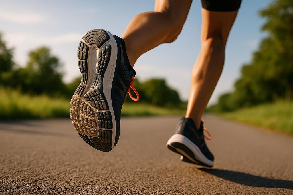 A close-up of a runner's shoes and lower legs from behind, in mid-stride on a paved road with green foliage and a blue sky in the background.