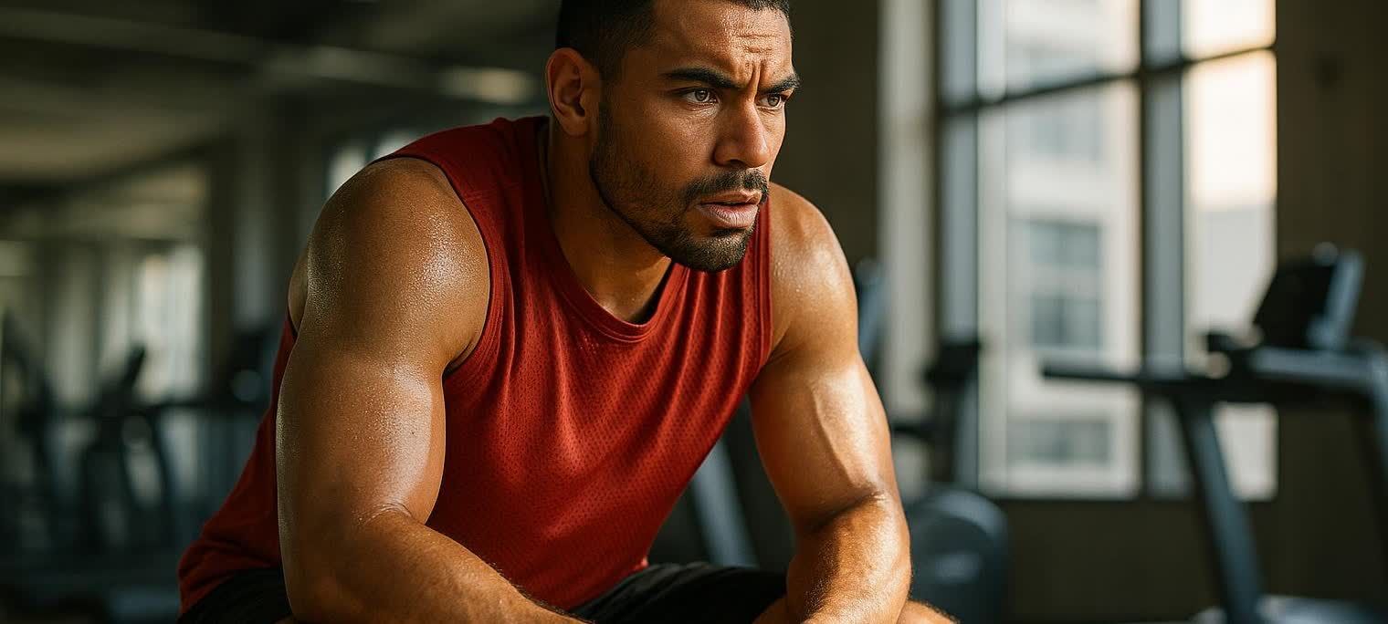 An athlete, glistening with sweat, sits thoughtfully on a gym bench, appearing reflective after an intense workout. Their gaze is directed slightly upwards and to the right, with a concentrated expression on their face. The subtle lighting highlights their muscular arms and shoulders.