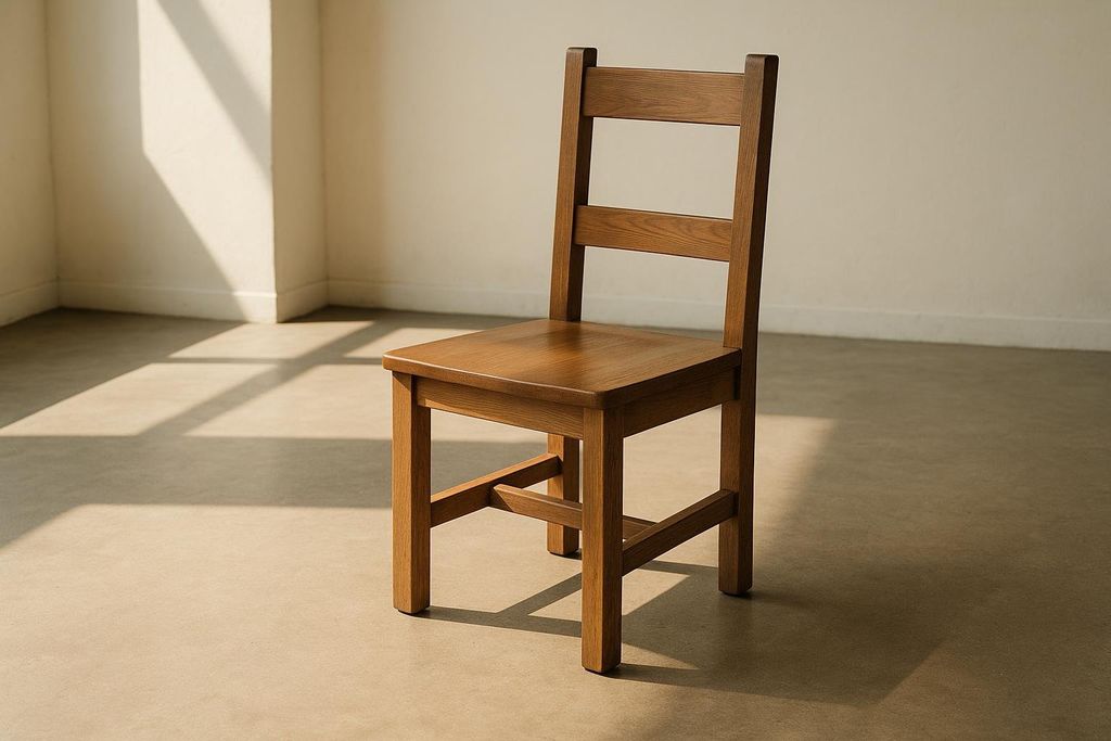 A sturdy, light brown wooden chair stands in an empty room, bathed in sunlight that casts distinct shadows on the floor and walls.