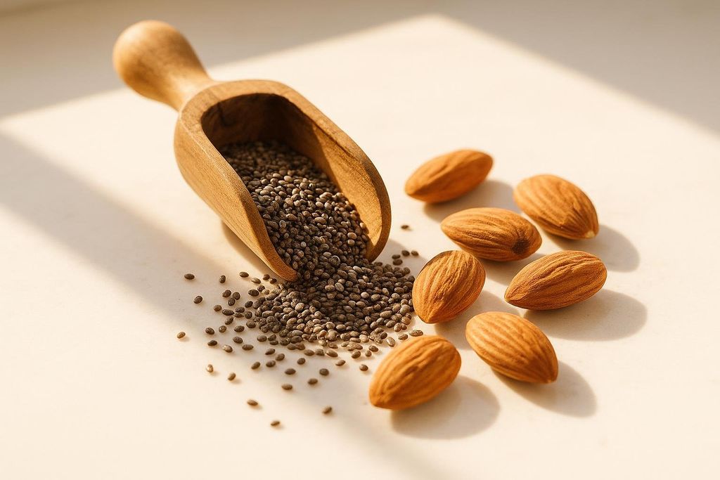A wooden scoop filled with chia seeds, with some seeds spilled around it. Next to the scoop are several whole almonds on a light-colored surface with natural light highlighting them and casting soft shadows.