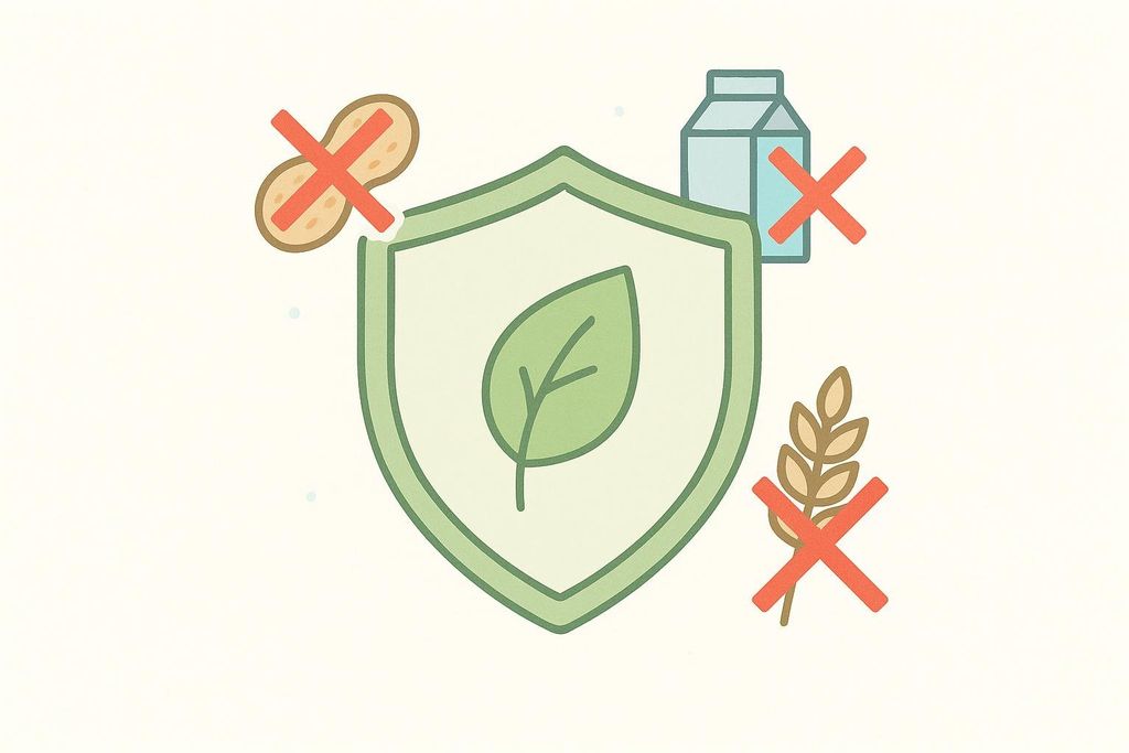 An icon of a green shield with a leaf inside, surrounded by crossed-out images of a peanut, a milk carton, and a wheat stalk, signifying an allergen-friendly product (free of peanuts, dairy, and wheat).