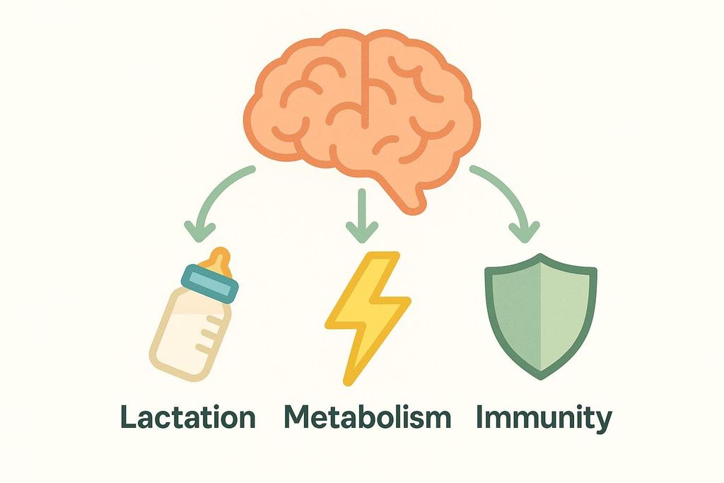 An illustration depicting a brain at the top, with arrows pointing down to three icons: a baby bottle representing lactation, a lightning bolt representing metabolism, and a shield representing immunity. The words 'Lactation', 'Metabolism', and 'Immunity' are written below their respective icons.