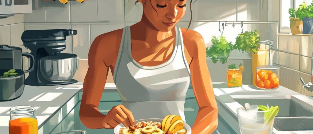A woman in a white tank top in a sunny kitchen and is preparing to eat a bowl of oatmeal with banana slices and nuts or seeds.