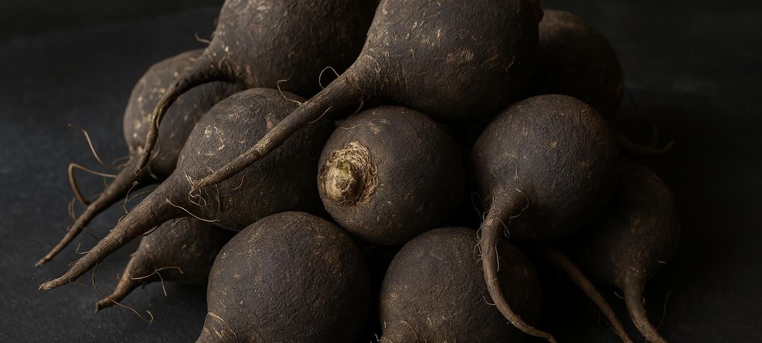 Close-up of several whole black maca roots piled on a dark, textured slate background. Many visible small root strands. One maca root has a light colored, rough top.