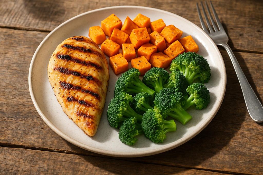 A healthy meal of grilled chicken breast, steamed broccoli florets, and diced roasted sweet potatoes on a white plate, set on a rustic wooden table with a fork.