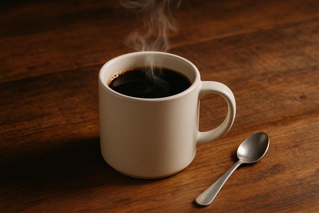 A beige mug containing steaming black coffee sits on a dark wooden table next to a silver spoon.