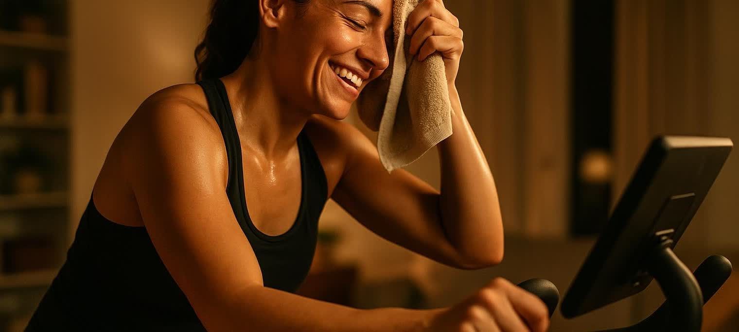 A smiling woman, shiny with sweat, wipes her forehead with a towel while sitting on an indoor exercise bike after a workout.