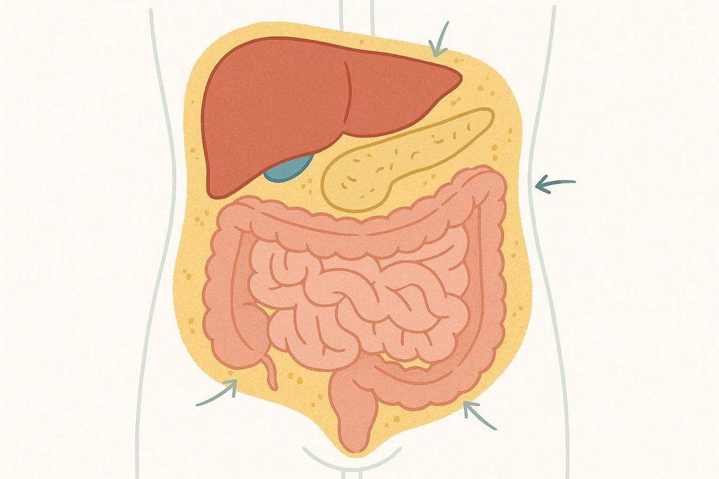 Stylized illustration of visceral fat surrounding key abdominal organs including the liver, pancreas, and intestines. Blue arrows point to the surrounding fat.