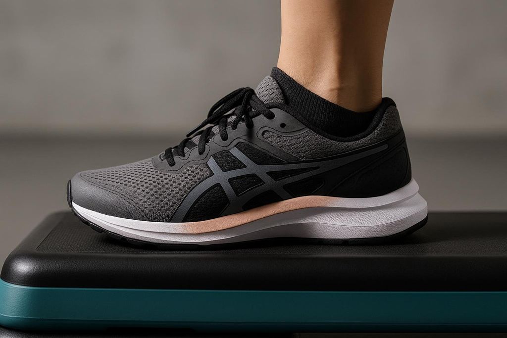 A close-up of a person's foot in a gray, black, and peach athletic shoe, placed flat and securely on a black and teal step aerobics platform.