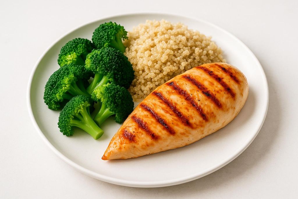 A clean photo showcasing a healthy high-protein meal on a white plate, consisting of a grilled chicken breast, a serving of quinoa, and several florets of broccoli.