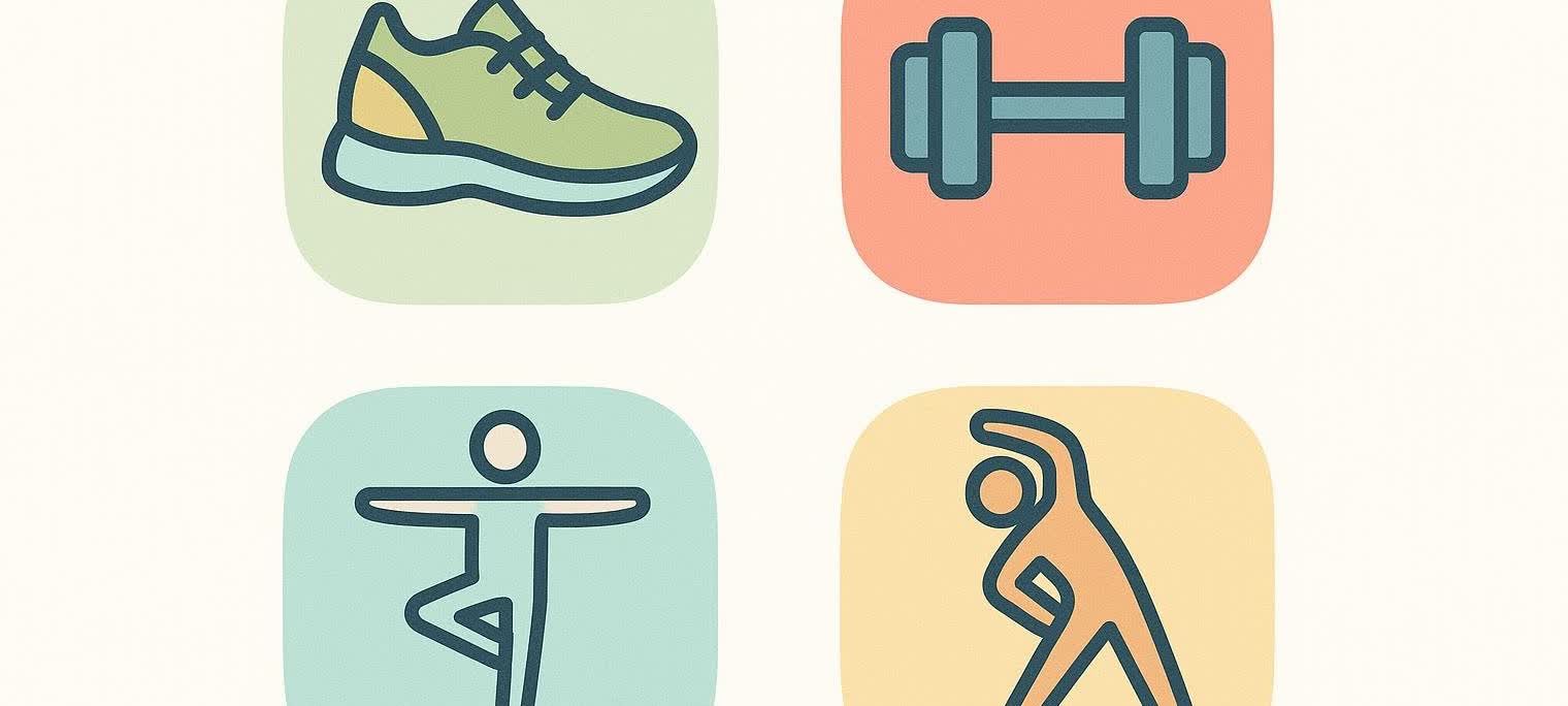 Four icons on colored backgrounds representing the exercise pillars for osteoporosis: a green shoe for weight-bearing, blue weights for strength, a figure in a balance pose for balance, and a figure stretching for flexibility.