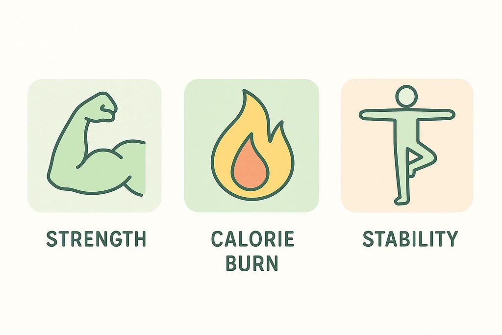 An illustration with three icons representing fitness benefits: a flexed bicep for 'Strength', a flame for 'Calorie Burn', and a person in a tree pose for 'Stability'.
