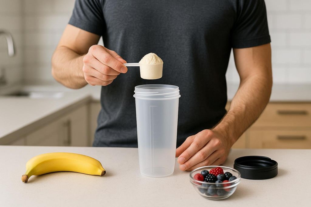 A man in a black t-shirt is shown in a kitchen, adding a scoop of protein powder to a clear shaker bottle. A banana and a small bowl of mixed berries are on the countertop next to the bottle.