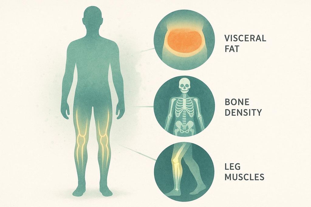 A diagram illustrating what DEXA scans measure: visceral fat, bone density, and leg muscles. The diagram shows a human silhouette with callouts to circular insets displaying these specific body composition elements.