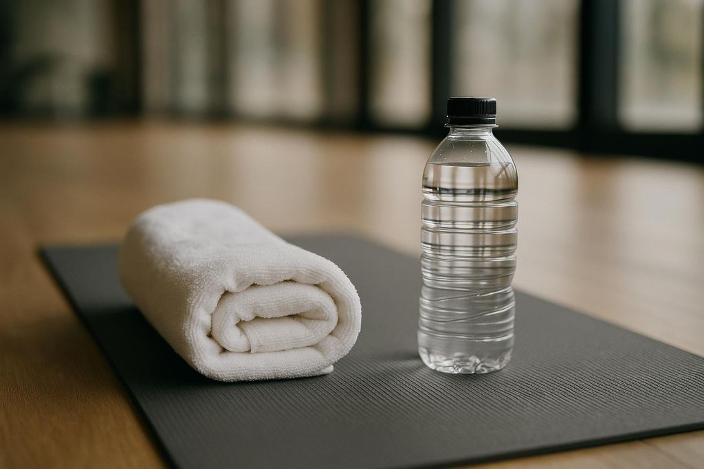 A white rolled-up towel and a plastic bottle of water sit on a grey exercise mat, with a blurred background of a room with windows.