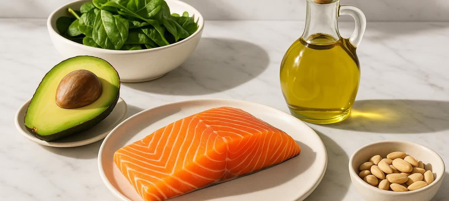 A spread of healthy, low-glycemic foods on a white marble counter, including salmon, a halved avocado, spinach, a bottle of olive oil, and almonds.