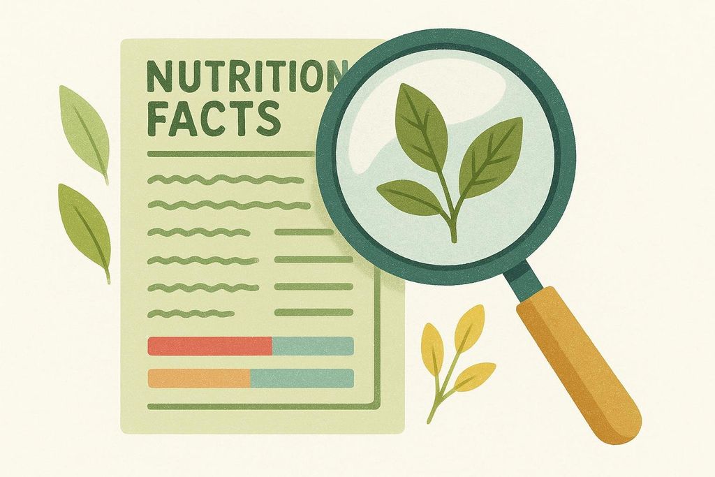 A magnifying glass inspecting an abstract nutritional label.