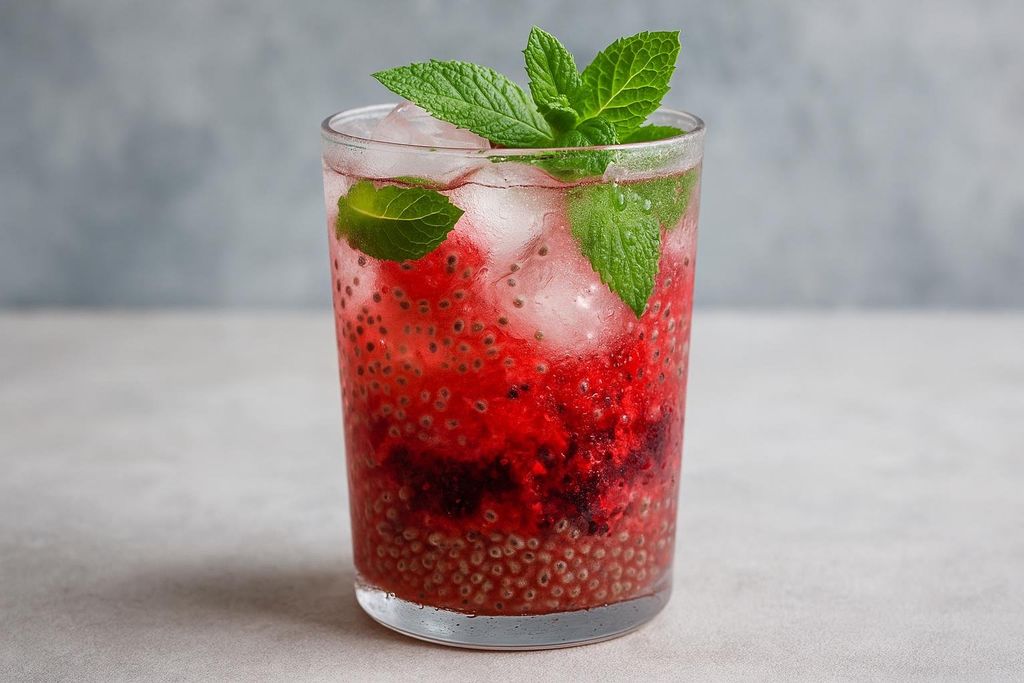 A clear glass filled with a refreshing berry-mint chia seed drink. It features a vibrant red liquid, small dark chia seeds suspended throughout, ice cubes, and is garnished with fresh mint leaves and a lime wedge.