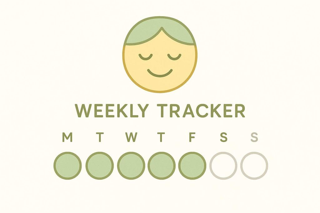 An illustration of a weekly habit tracker with the words 'Weekly Tracker' above a happy face icon. Below are the letters M T W T F S S, representing days of the week, with five circles filled in green and two empty, indicating a habit completed for five days.