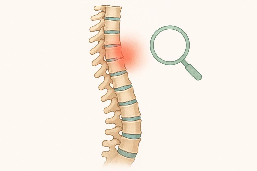 A medical illustration of a human spine with one vertebra highlighted in red, indicating a potential fracture, with a magnifying glass hovering nearby, representing detection via VFA imaging.