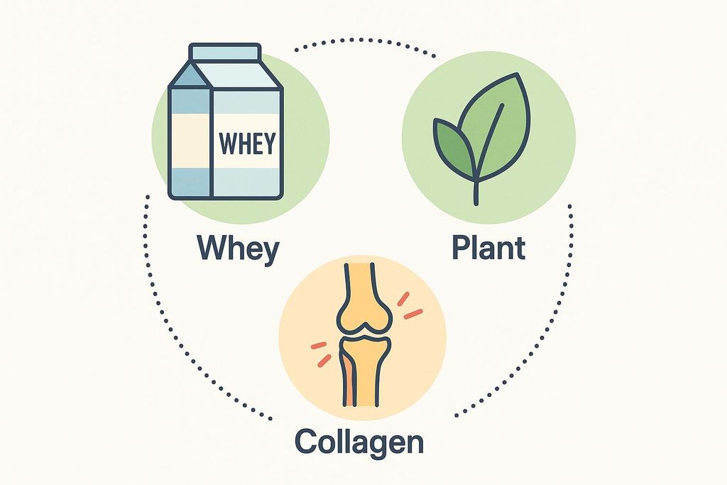 An illustration showing three main types of protein sources: Whey, represented by a milk carton; Plant, represented by a leaf; and Collagen, represented by a bone joint. Dotted lines connect them in a circular flow.
