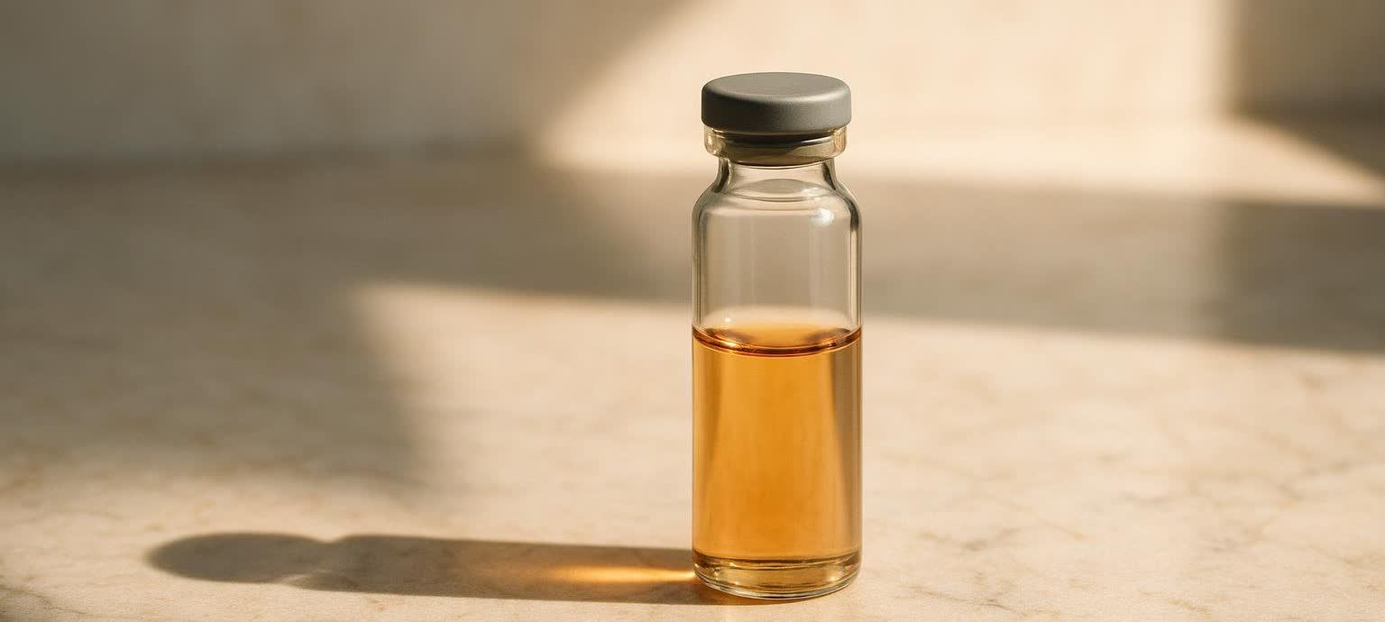 A close-up of a glass medical sample vial containing an amber liquid, illuminated by warm natural light that casts shadows on a light-colored surface.