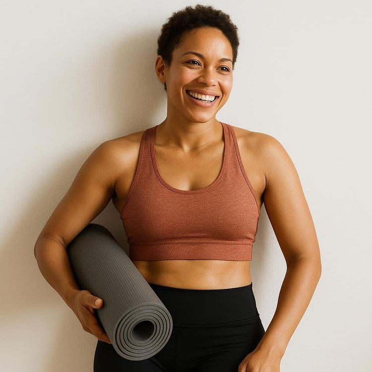 A smiling athletic person with short dark hair, wearing a reddish-brown sports bra and black leggings, leaning against a white wall while holding a rolled-up grey yoga mat in their right arm.