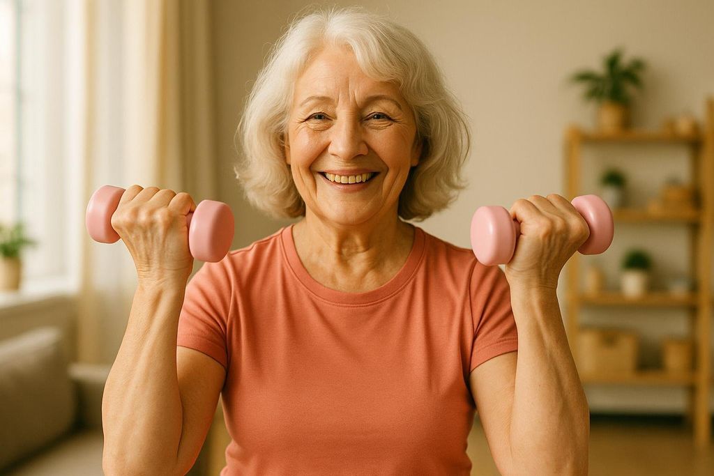 Healthy senior woman smiling while exercising with light dumbbells, portraying strength and mobility in later life.