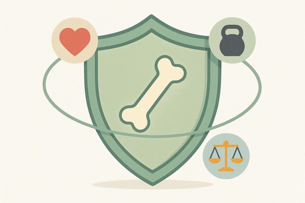 An icon representing the menopause support benefits of HIIT, including improved bone density, heart health, and hormone balance. The image features a shield with a bone inside, surrounded by a red heart, a black kettlebell, and a golden set of scales on a light background. These symbols are encircled by a curved line, suggesting comprehensive health protection.