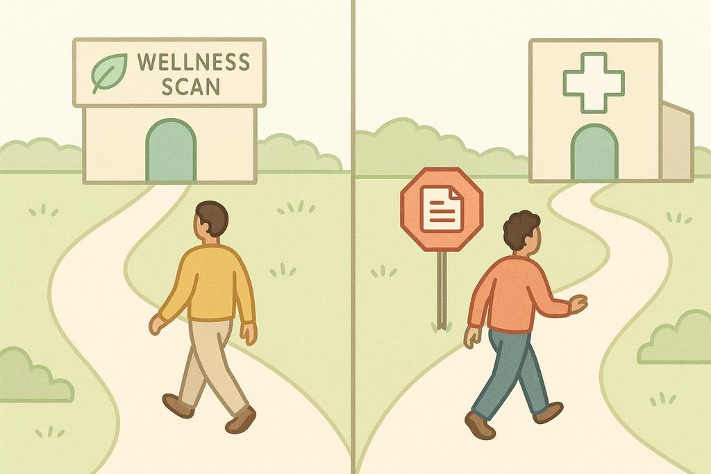An illustration showing two diverging paths. On the left, a person walks directly towards a building labeled 'WELLNESS SCAN' with a leaf icon, representing a straightforward process. On the right, another person walks towards a hospital building, but their path is blocked by a stop sign displaying a document icon, indicating a required referral for a medical scan.
