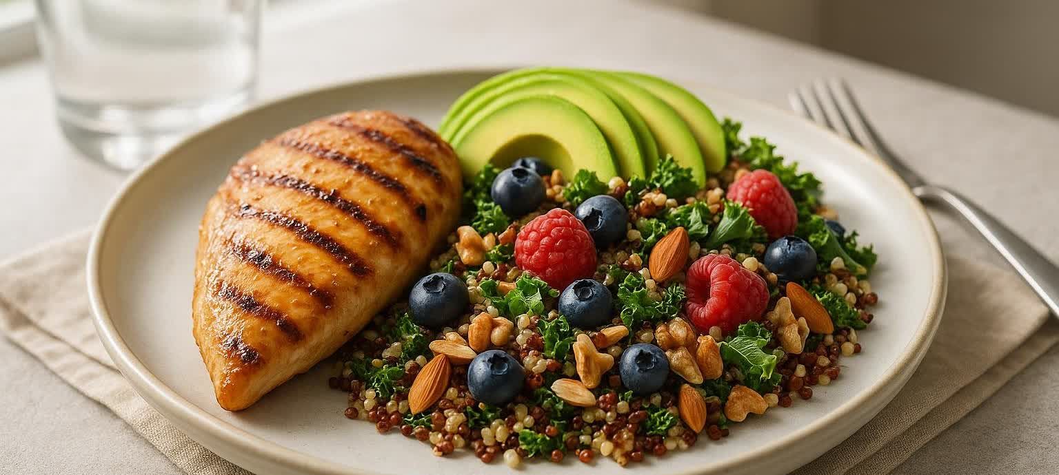 A healthy meal on a white plate featuring a grilled chicken breast, a colorful quinoa and kale salad with blueberries, raspberries, almonds, and walnuts, and sliced avocado. A glass of water is blurred in the background.