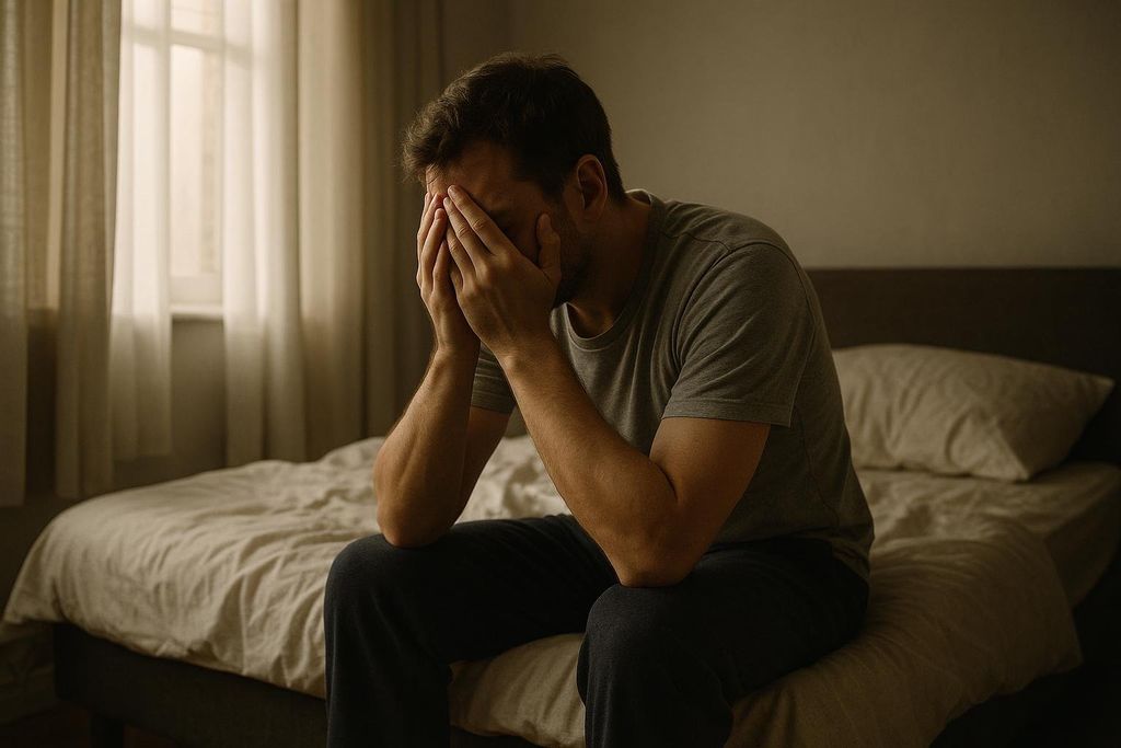 A man sits on his bed with his face buried in his hands, appearing distressed or fatigued in a dimly lit room.