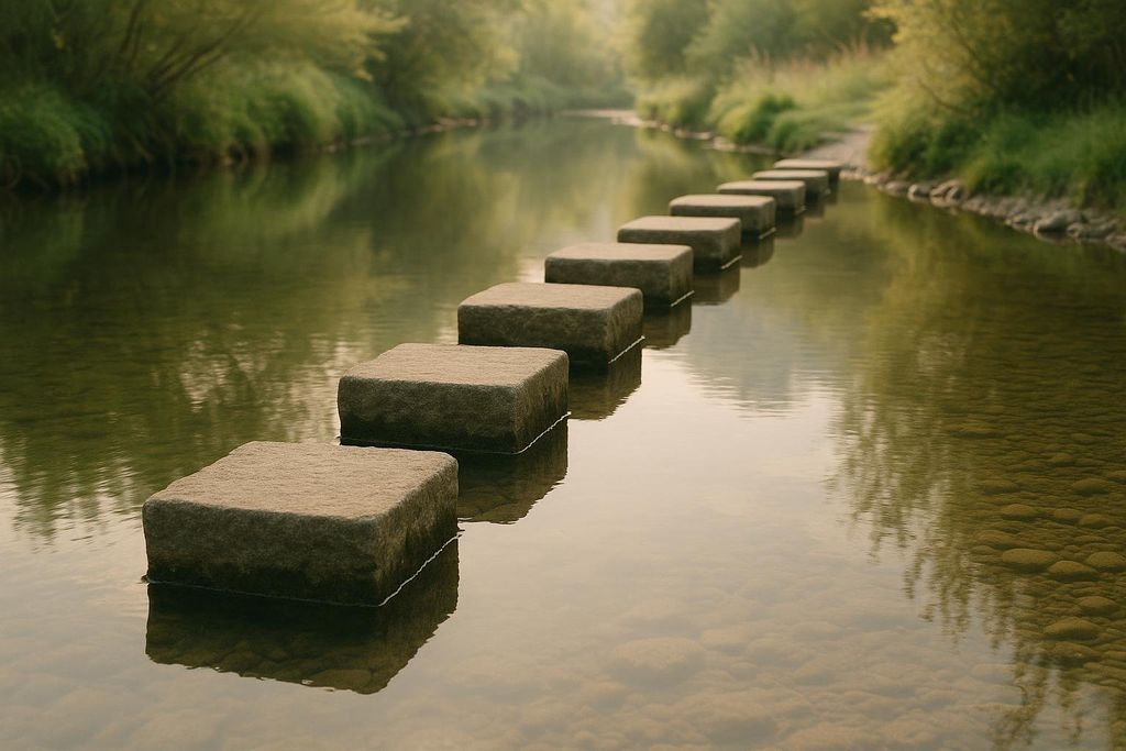 A line of square stepping stones extends across a tranquil stream. The water is clear, revealing the riverbed, and reflections of the green trees lining the banks are visible on the surface. The scene suggests a calm and natural pathway.