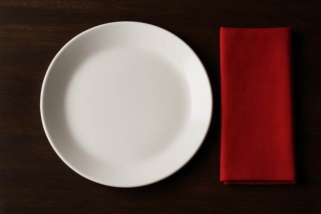 Empty white plate and red napkin as symbol for extreme elimination