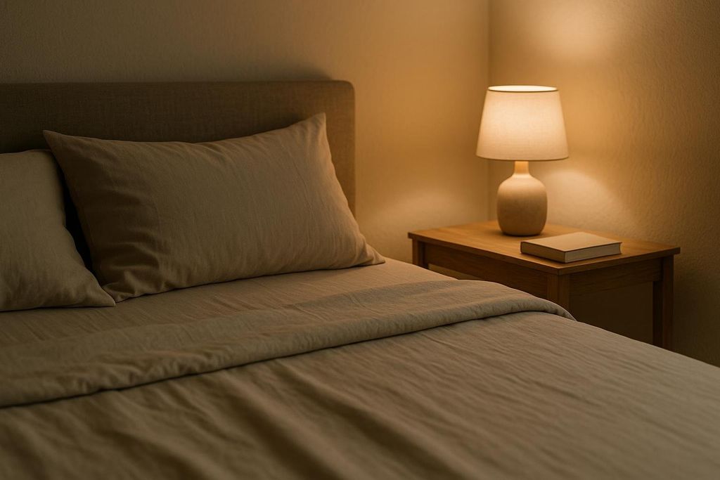 A calm and tidy bedroom setting conducive to good quality sleep. A bed with neutral-colored sheets and pillows is next to a nightstand with a lamp and book.