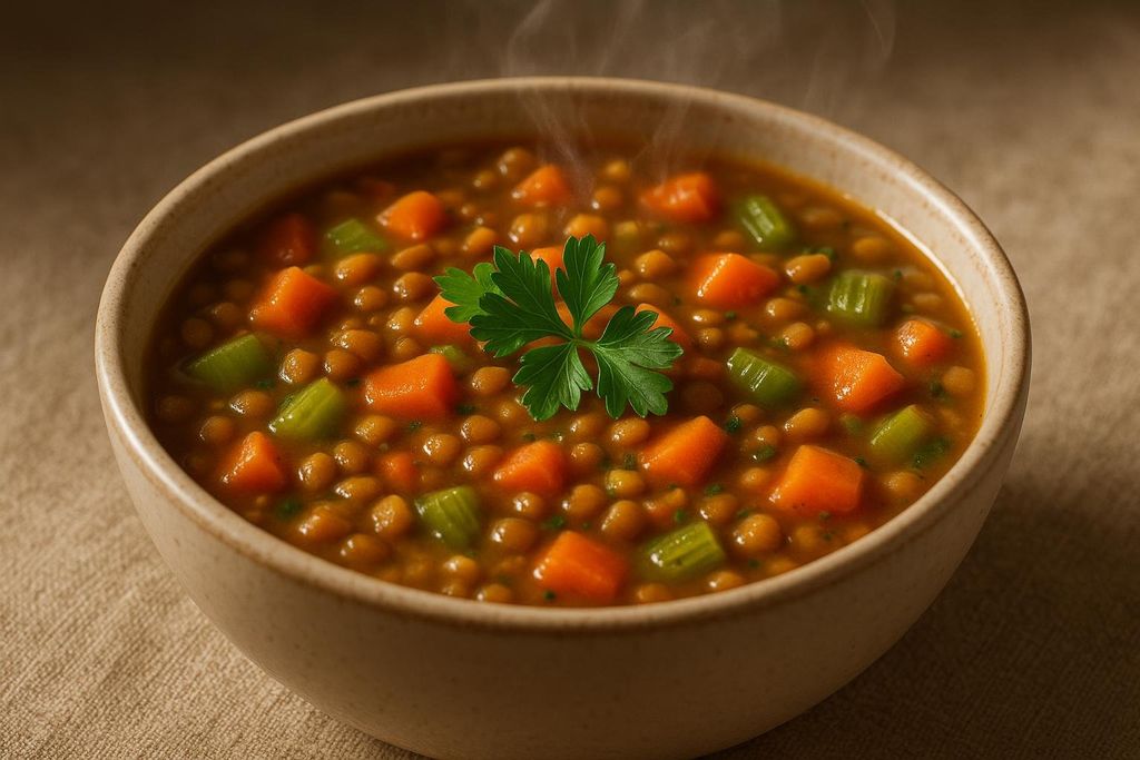 A close-up view of a warm bowl of lentil vegetable soup, garnished with a sprig of parsley and emitting steam. The soup contains lentils, diced carrots, and celery.