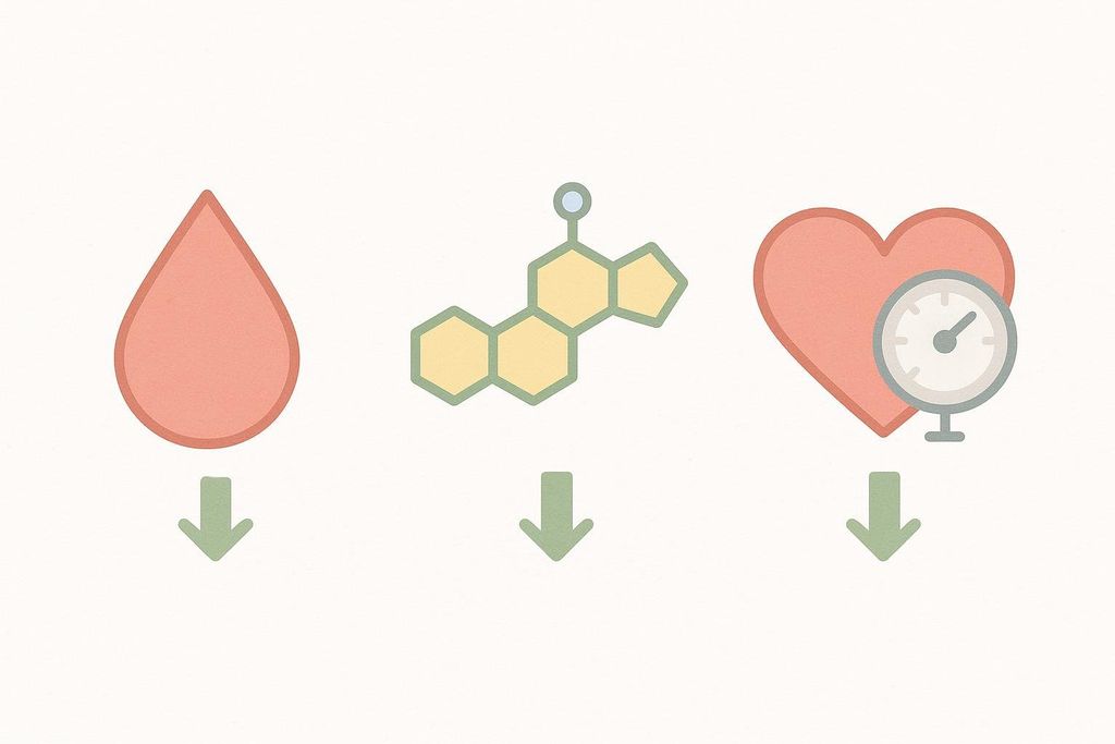 Three icons illustrating health improvements: a blood drop with a downward arrow for blood sugar, a molecular structure with a downward arrow for cholesterol, and a heart with a blood pressure gauge and downward arrow for blood pressure.